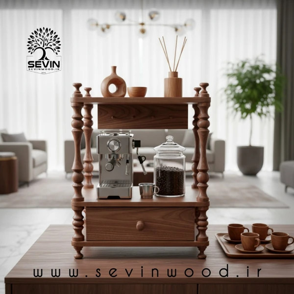 کافی بار چوبی رومیزی سوین مدل KB02 / پایه خراطی و کشودار